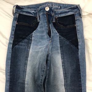Vertical striped - patched jean. Dark/medium wash.